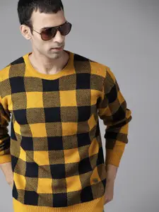 Roadster Men Mustard Yellow & Navy Blue Checked Pullover