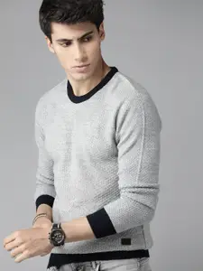 Roadster Men Grey Self Designed Striped Pullover Sweater