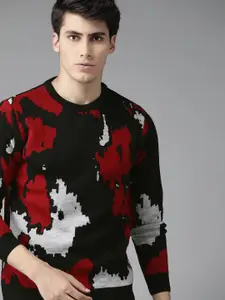 Roadster Men Black & Red Self-Design Pullover