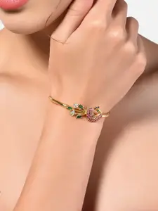 Zaveri Pearls Pink & Green Gold-Plated Cubic Zirconia Peacock Inspired Kada Bracelet