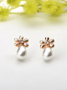 Zaveri Pearls White & Rose Gold-Plated Cubic Zirconia & Pearls Oval Studs Earrings