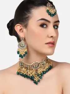Zaveri Pearls Gold-Plated Green Meenakari Bridal Kundan Necklace Earring & Maang Tika Set