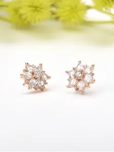 Zaveri Pearls White & Rose Gold-Plated Cubic Zirconia Floral Studs