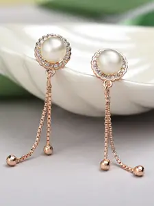 Zaveri Pearls White Rose Gold-Plated Cubic Zirconia Studded Teardrop Shaped Drop Earrings