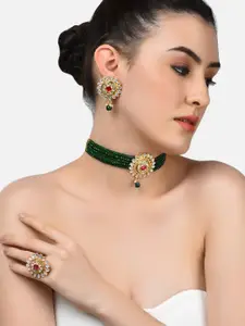 Zaveri Pearls Gold-Plated Green Kundan Choker Necklace & Earring Set