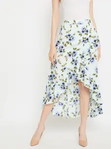 Berrylush Sea Green & Blue Floral Printed Wrap Midi Skirt