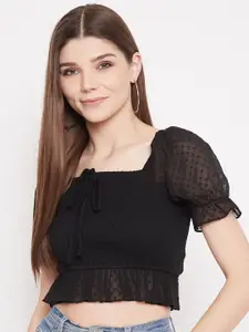 Berrylush Black Smocked Georgette Regular Crop Top