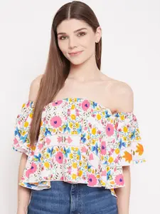 Berrylush White & Pink Floral Off-Shoulder Crepe Bardot Crop Top