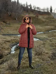 Sztori Women Plus Size Maroon Solid Detachable Hood Longline Parka Jacket