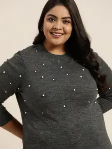 Sztori Women Plus Size Charcoal Grey Solid Pullover with Beads Detail