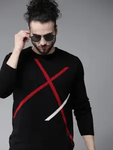 Roadster Men Black & Red Geometric Self Design Pullover