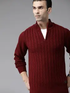Roadster Men Maroon Self Designed Pullover Sweater