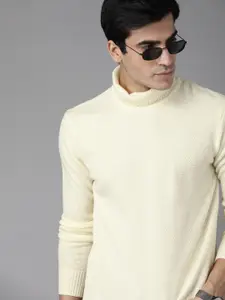 Roadster Men Off White Acrylic Self Design Pullover