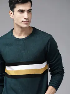 Roadster Men Teal Blue & Yellow Striped Pullover