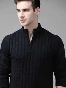 Roadster Men Navy Blue Cable Knit Pullover