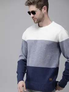 Roadster Men Navy Blue & White Colourblocked Pullover Sweater