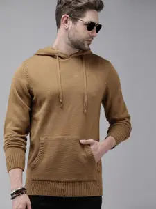 Roadster Men Brown Solid Hooded Pullover Sweater