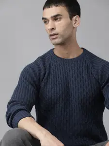 Roadster Men Navy Blue Cable Knit Pullover