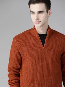 Roadster Men Rust Brown Solid Half Zipper Pullover