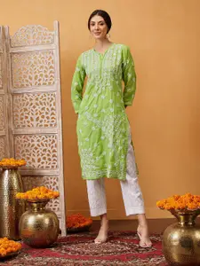 ADA Women Green & White Ethnic Motifs Chikankari Hand Embroidered Sustainable Kurta