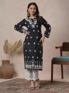 ADA Women  Black & White Paisley Chikankari Hand Embroidered Straight Kurta