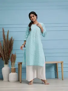 ADA Women  Blue Chikankari Hand Embroidered Straight Handloom Kurta