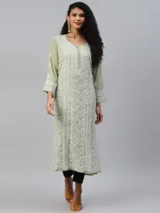 ADA Women Green & White Ethnic Motifs Hand Embroidered Chikankari Kurta & Matching Slip