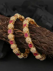 Adwitiya Collection Set of 2 24CT Gold-Plated & Pink Stone-Studded Beaded Handcrafted Bangles