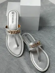 Vishudh Women Silver-Toned T-Strap Flats