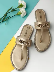 Vishudh Women Gold-Toned Embellished T-Strap Flats