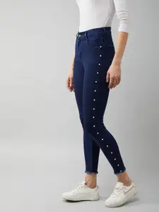 DOLCE CRUDO Women Navy Blue Embellished Skinny Fit High-Rise Stretchable Jeans