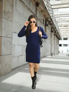 Roadster Women Stunning Blue Solid Bodycon Dress With Sweater