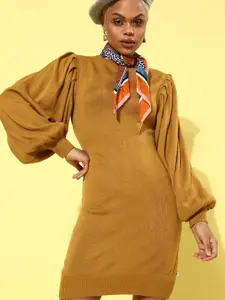 Roadster Women Stylish Mustard Solid Puff Sleeve Jumper Dress