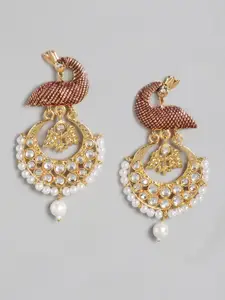 Anouk Red & Off-White Gold-Plated Studded & Beaded Crescent Shaped Enamelled Chandbalis