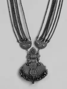Anouk Oxidised Silver-Toned & Black Multistranded Beaded Statement Necklace