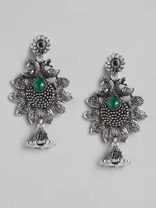 Anouk Oxidised Silver-Toned & Green Textured Stone-Studded Peacock Shaped Drop Earrings