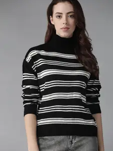 Roadster Women Black & Off-White Striped Pullover