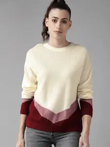 Roadster Women Cream-Coloured & Pink Striped Pullover