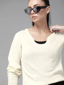 Roadster Women White Solid Scoop Neck Pullover