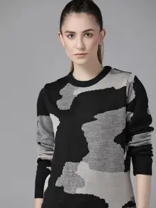 Roadster Women Black & Grey Self Design Pullover
