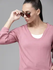 Roadster Women Pink Solid Scoop Neck Pullover