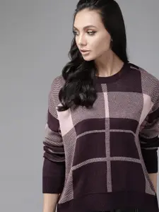 Roadster Women Purple & Pink Checked Pullover Sweater