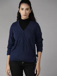 Roadster Women Navy Blue Solid Wrap Sweater