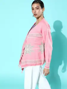 Roadster Women Pink & Grey Melange Woven Design Front-Open Sweater