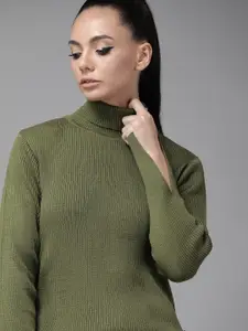 Roadster Women Olive Green Ribbed Turtle Neck Pullover