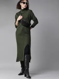 Roadster Women Olive Green Self-Striped Turtle Neck Longline Pullover with Slit