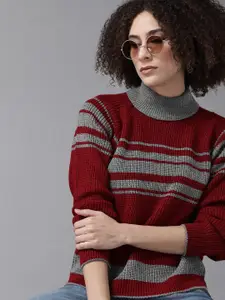 Roadster Women Maroon & Charcoal Grey Striped Pullover