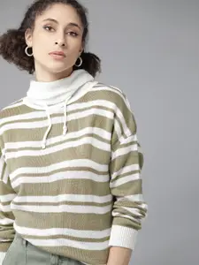 Roadster Women Olive Green & White Striped Pullover