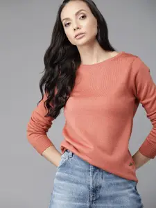 Roadster Women Peach-Coloured Solid Pullover