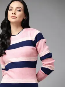 Roadster Women Pink & Navy Blue Acrylic Striped Pullover